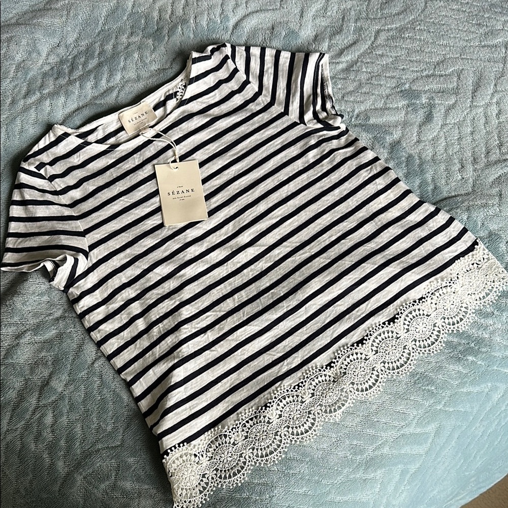 NWT women's Sezane Bart Lace Nautical blue and white shirt. Size small